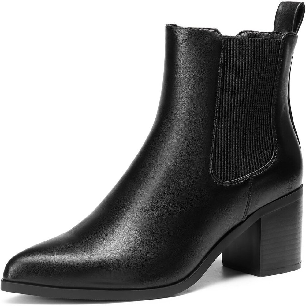 Women's Black-pu Chunky Heel  Ankle Chelsea Pointed Toe Heel Fall Booties